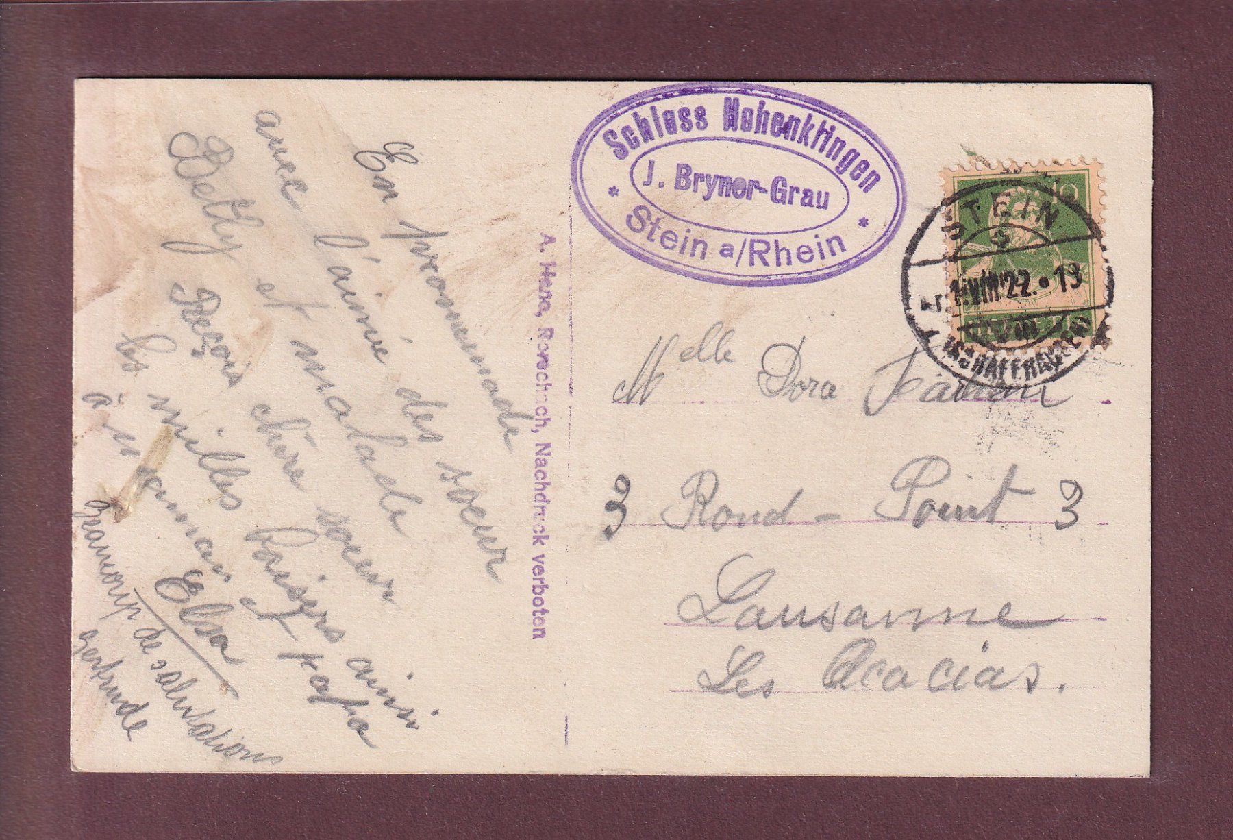 Cartoline postali: SCHLOSS HOHENKLINGEN - Eingang - 1922 – Usato da Pully venduto da nicecards-shop 1
