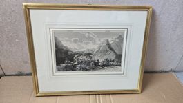 Berglandschaft, gerahmter Stich, Wanddeko für Zuhause! 24x15