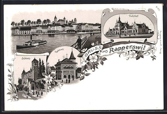 Cartoline postali: Litho Rapperswil, Ortsansicht, Bahnhof,  – Usato da Berlin venduto da bartko-reher