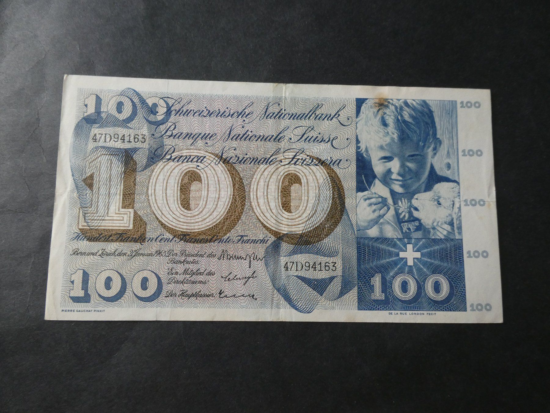 Billets de banque: Schweiz 1965,  100 Franken – D'occasion à Hinterforst par Rohusri