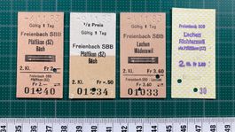 Ab Freienbach, 4 alte entwertete Bahn Billette, SBB