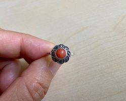Art Deco 835 Silber Ring mit Koralle und Markasit