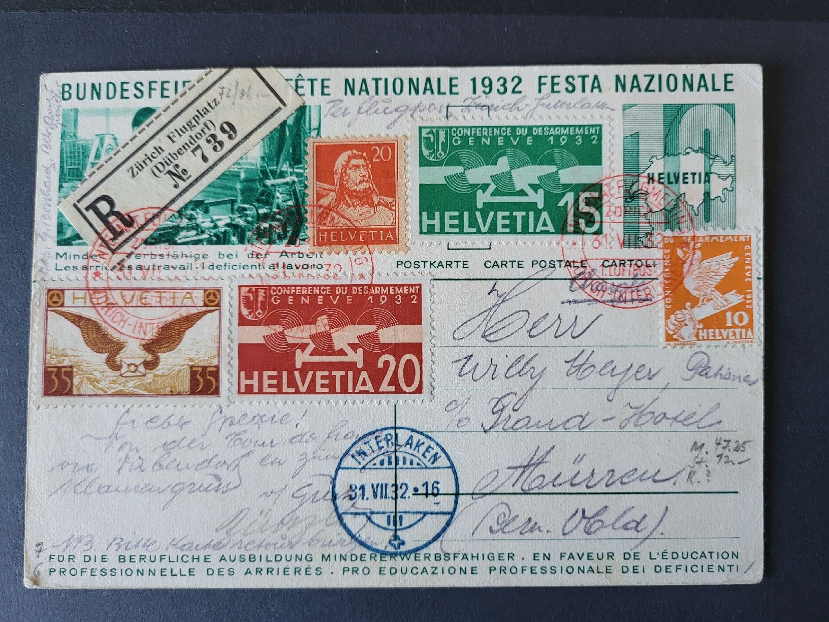 Tutti i francobolli: 1932, Bundesfeier-Postkarte Nr.55 mit Luftpost – Usato da stäfa venduto da brandy66 1