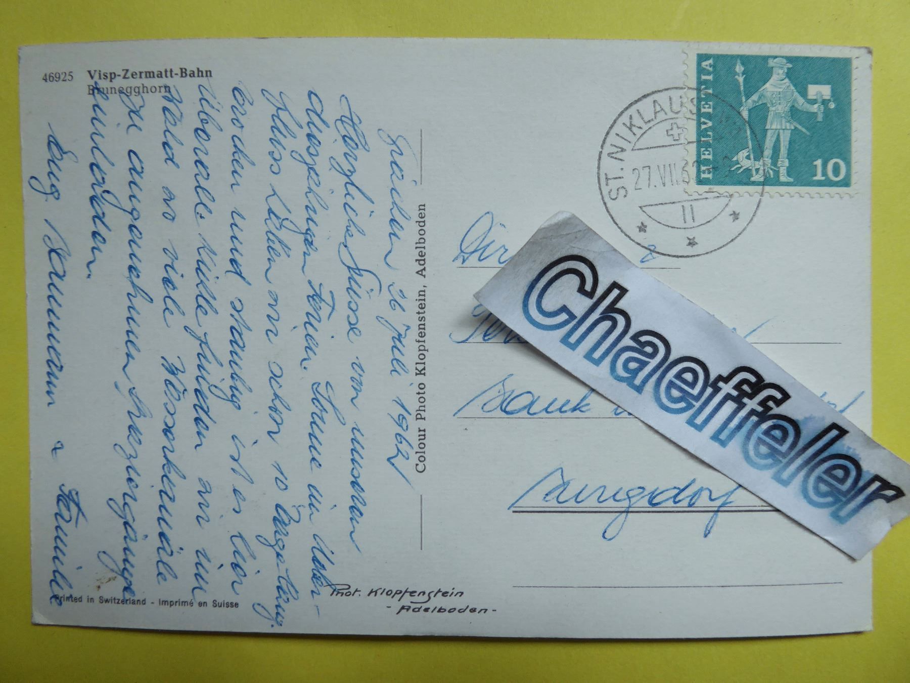 Cartoline postali: 1962 46925  Visp-Zermatt-Bahn – Usato da Zürich venduto da Chaeffeler 1