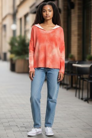 Pull MAX&MOI corail et blanc 100% cachemire