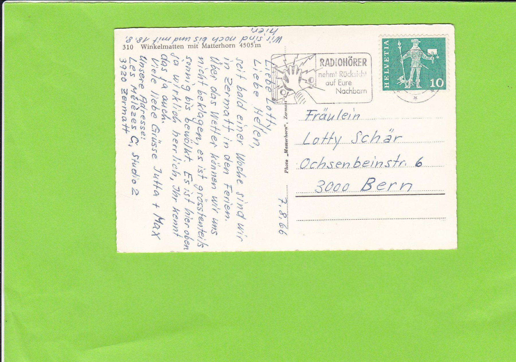 Cartoline postali: Winkelmatten mit Matterhorn – Usato da St. Peterzell venduto da neckertal 1
