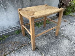 Ancien Tabouret en Bois avec Assise en Paillage