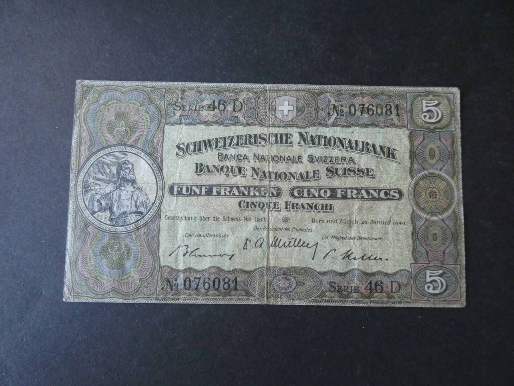 Banknoten: Schweiz 1949, 5 Franken – Gebraucht aus Hinterforst von Rohusri
