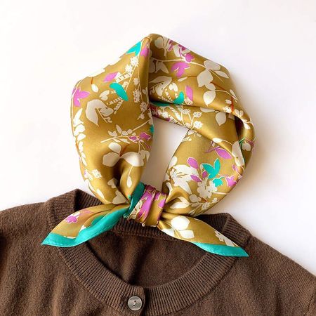 New 53cm Silk Scarf Golden Floral with Teal Trim