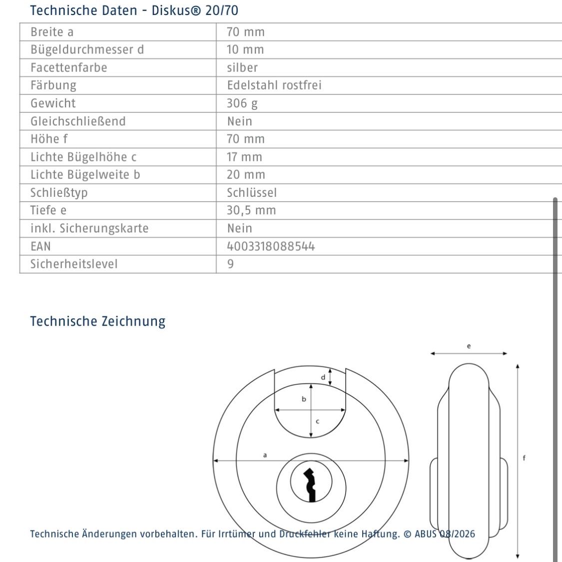 Abus Lucchetti: ABUS Schloss "Diskus 20/70" - Level 9/10. – Nuovo (secondo la descrizione) da Bern venduto da Hnickelback 2
