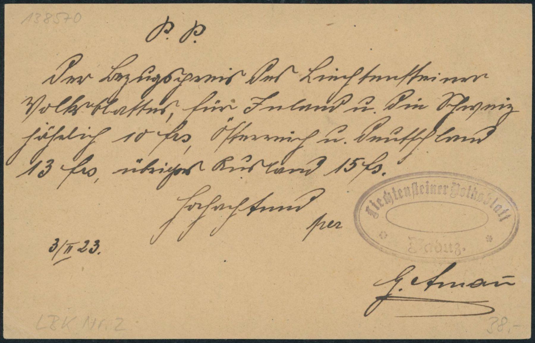 Tutti i francobolli: FL - Ganzsache - 1921 - Postkarte - Vaduz – Usato da Schindellegi venduto da leecollect 1