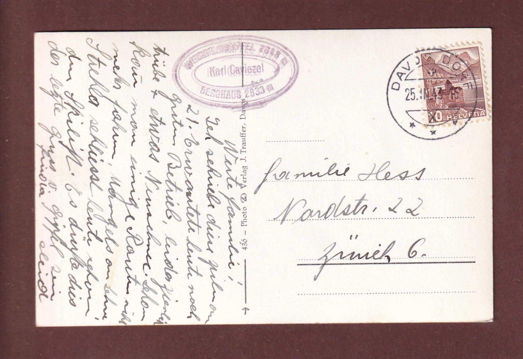 Cartes postales: WEISSFLUH - John Lemms Hütte - 1943 – D'occasion à Pully par nicecards-shop 1