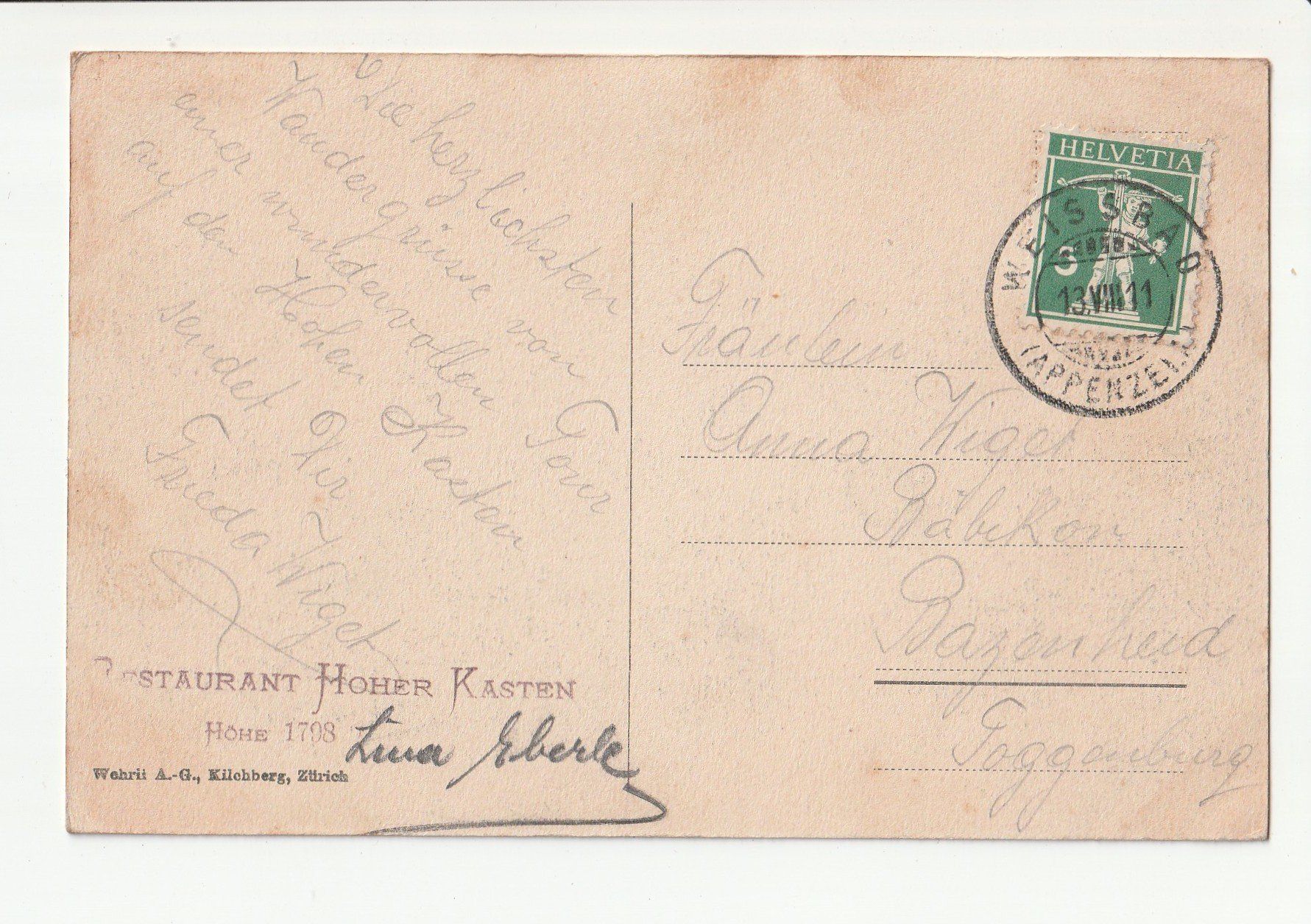 Cartoline postali: Restaurant Hoher Kasten – Usato da Rheineck venduto da rhynegg 1