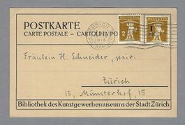 1915, 0 ZÜRICH, 3 Rp. FRANKATUR, KUNSTGEWERBEMUSEUM BIBLIOT.