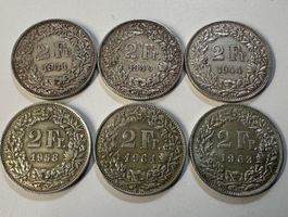 2 Fr. SILBERMÜNZEN SCHWEIZ, 6 STÜCK, Jg. 1940-41-44-58-61-63