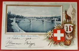 Prägekarte1900 - Gruss aus Basel,  die drei Brücken