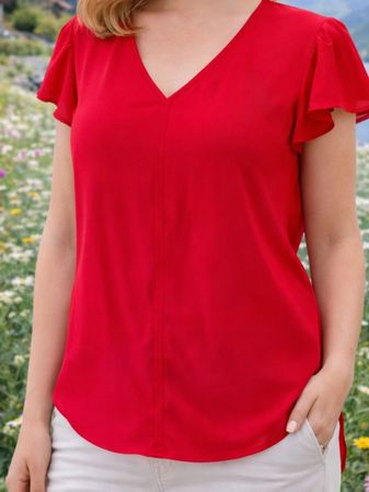 Elegante rote Bluse Gr. 34 XS Volantärmel – leichte Sommer
