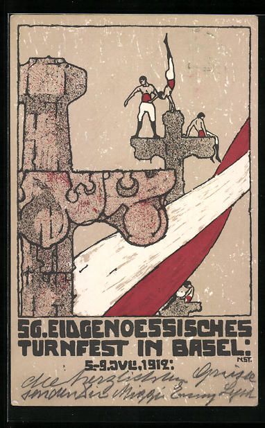 Cartoline postali: Basel, 56. Eidgen. Turnfest 1912, Turner – Usato da Berlin venduto da bartko-reher