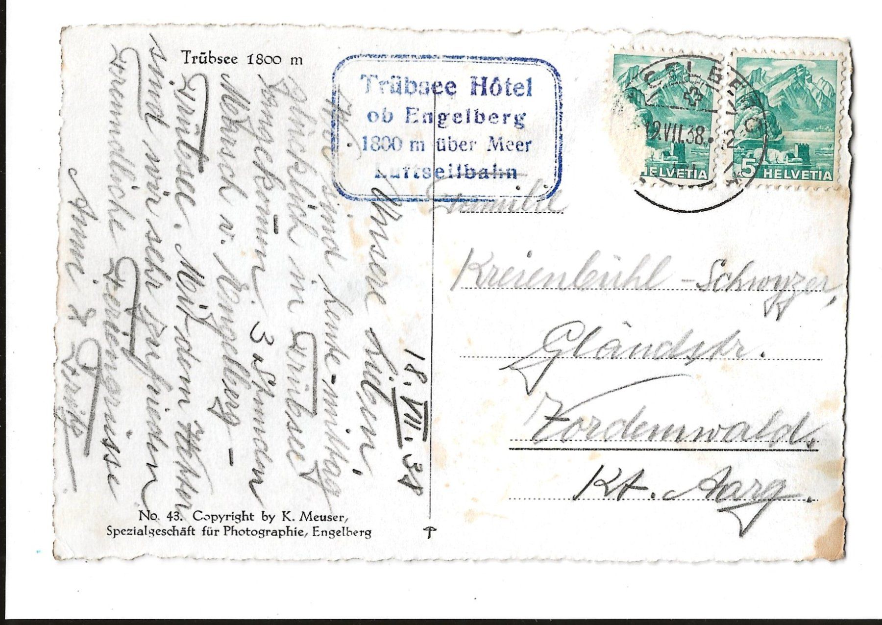 Ansichtskarten: AK 1938  Trübsee Engelberg – Gebraucht aus Greifensee von 315WDO 1
