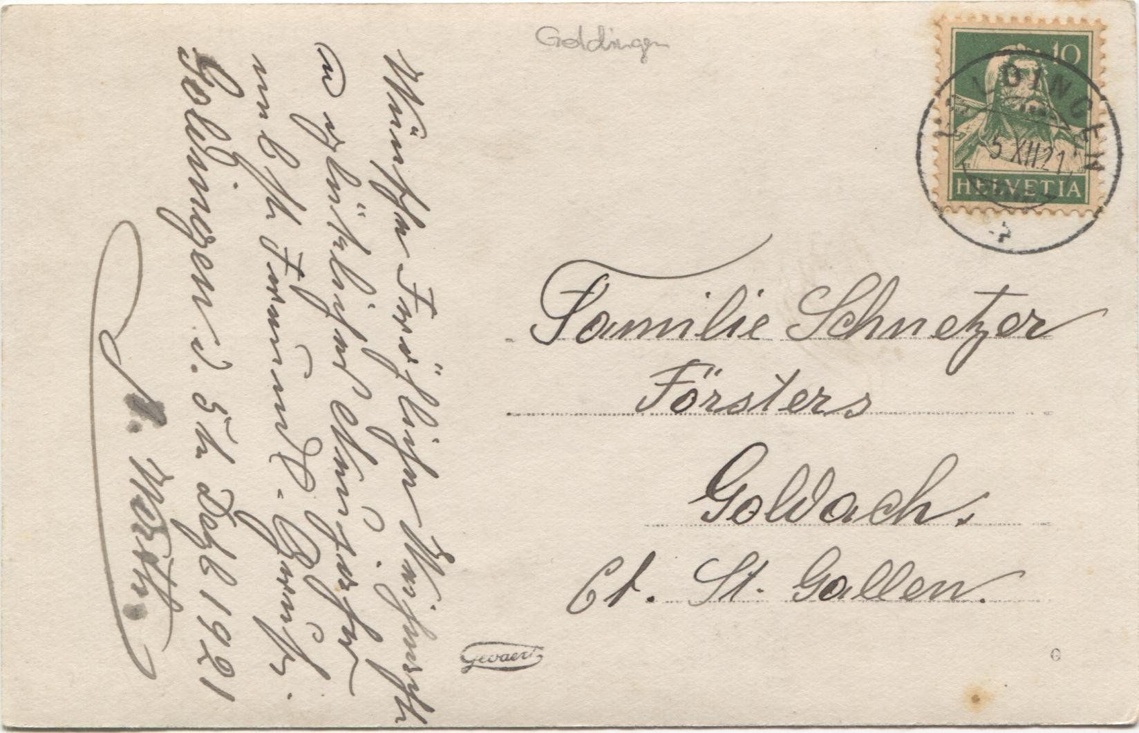 Ansichtskarten: GOLDINGEN SG 1921 – Gebraucht aus Wil SG von Clanx 1