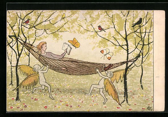 Cartoline postali: Ernst Kreidolf: In der Hängematte, Moti – Usato da Berlin venduto da bartko-reher