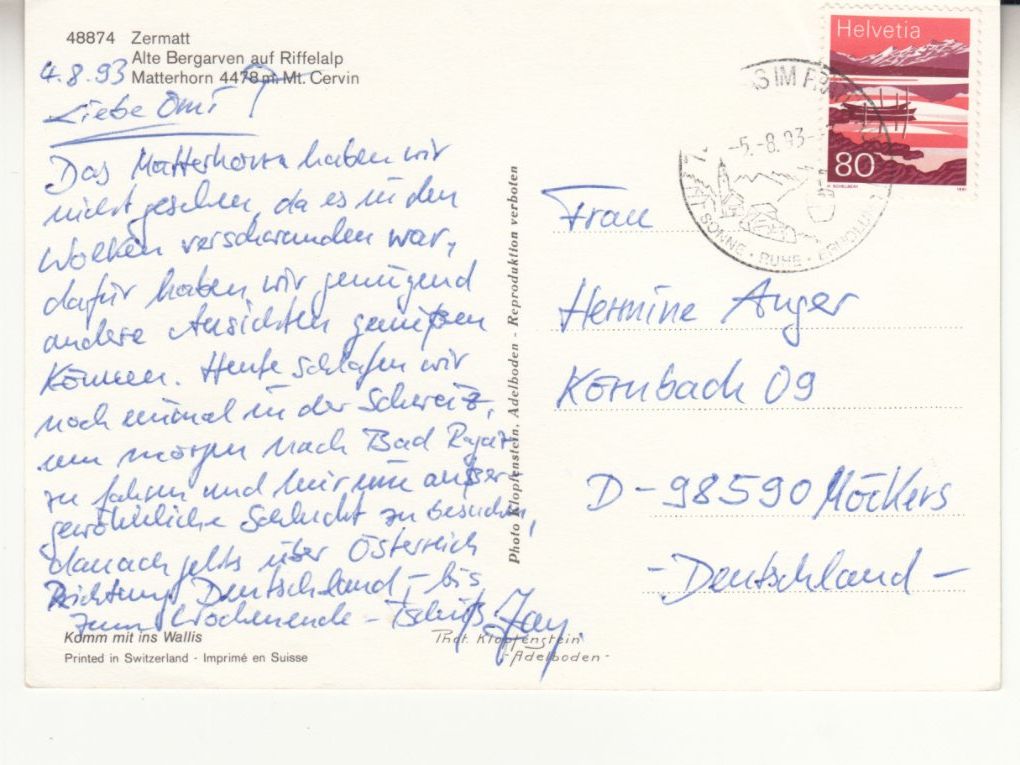 Cartoline postali: Zermatt 1993 – Usato da Bürglen TG venduto da StampGraf 1