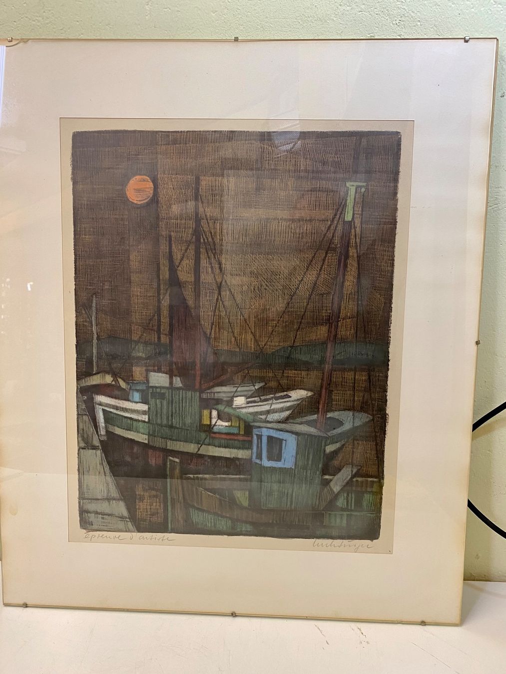 Grafiken & Lithographien: E.A. Farblithographie nächtlicher Hafen Ernst Luchsinger – Gebraucht aus Hindelbank von