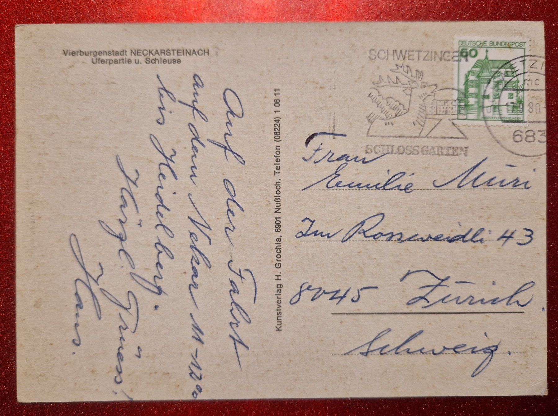 Cartoline postali: Neckarsteinach mit Neckarfahrt 1980 – Usato da Melchnau venduto da Arthurius 1