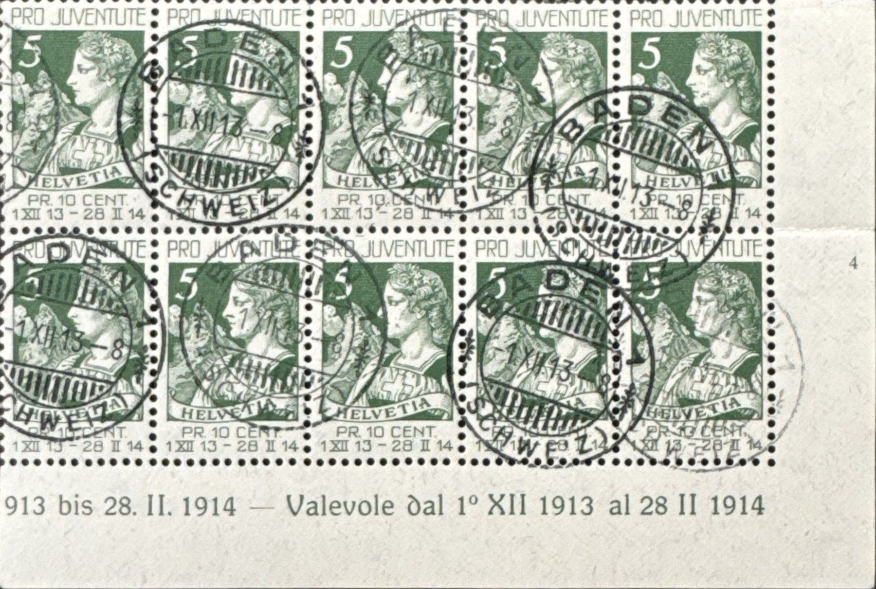 Alle Briefmarken: Pro Juventute 1913 10-er Block Ersttag – Gebraucht aus St. Niklausen LU von Gypsi61