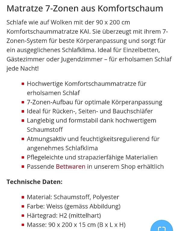 Matelas: Neue Matzatze 90x200 – D'occasion à St. Gallen par reb_955g 1