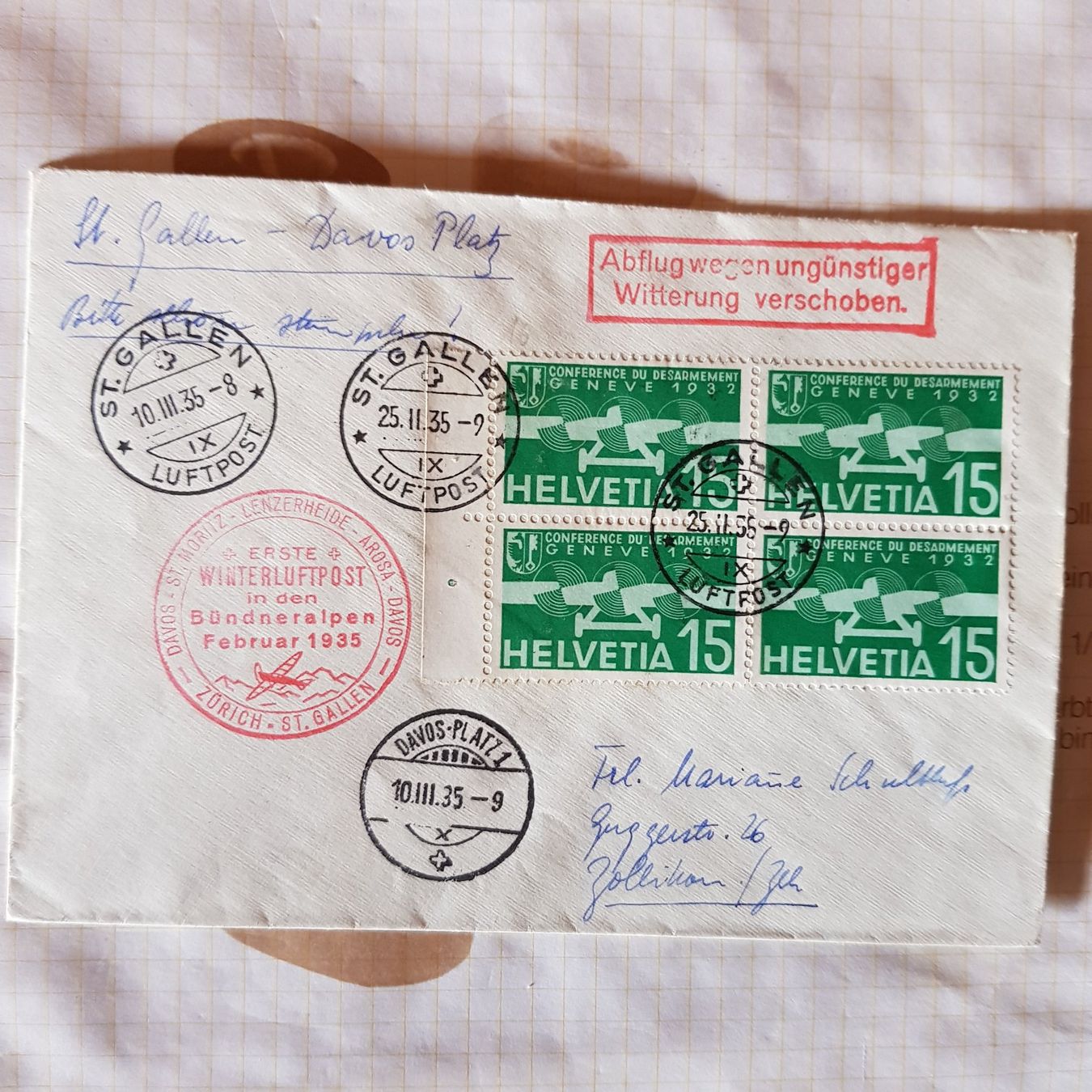 Tutti i francobolli: Winterluftpost Bündneralpen 1935 St. Gallen - Davos – Usato da St.Gallen venduto da hastu36