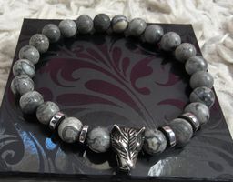 Herren Armband Jaspis Edelstein Wolf grau 19.5cm kaum getr.