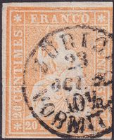 25D (25B3), Eckrandstück (sehr schön) von ZÜRICH: 23.10.1860