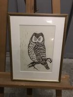 Originale Eule Linolschnitt, gerahmt, von Atelier T. Küng 77