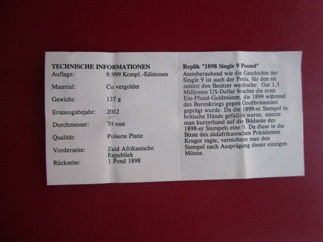 Medaglie: GIGANT: Replik "1898 Single 9 Pound - mit Zertifikat - 70mm – Nuovo e nell'imballaggio originale da Luzern venduto da Horoskop1 3