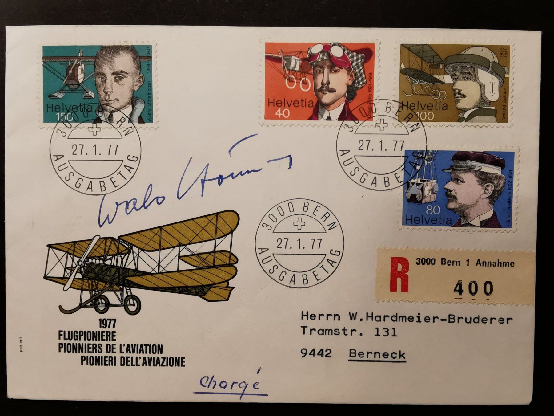Autografi: Schweizer Flugpionier Walo Hörning Briefmarken-Brief 1977 – Usato da Rheineck venduto da kat_7gld