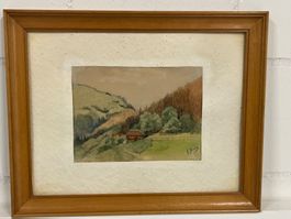 Vintage gerahmte Aquarell Wengen, Schweizer Alpen, signiert