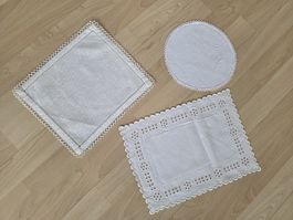 Deckchen, 3er Set, Weiss, Vintage Style, Leinen