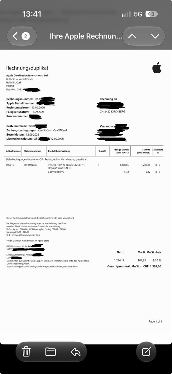 Apple Telefoni cellulari / Smartphones: Iphone 18 Pro 512 GB schwarz – Nuovo e nell'imballaggio originale da Kirchberg BE venduto da Mircooo 5