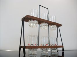50er 60er Vintage Schnapsgläser im Träger Mid Century Teak