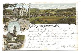 Gruss aus Otelfingen (ZH) Schulhaus - Kirche - Litho - 1899