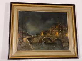 Aären Roban signiert Gemälde einer Stadt mit Brücke Bild 3