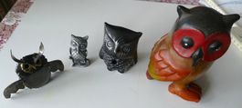 4er Set Eulen Figuren Deko Vintage Holz Metall Rarität