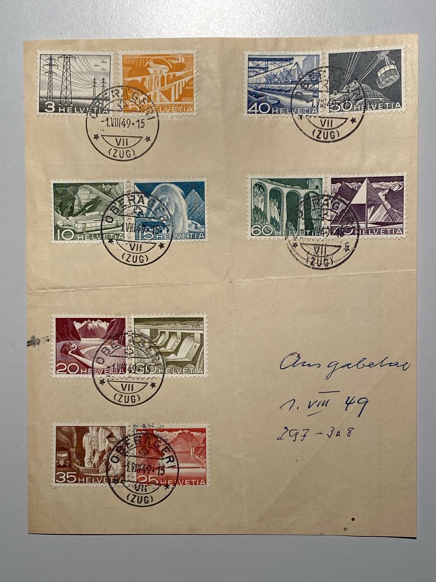 Tutti i francobolli: Landschaft und Technik 1949, komp. Satz, gest. Oberägeri Zug – Usato da Küssnacht a. Rigi venduto da Unique-Valuable