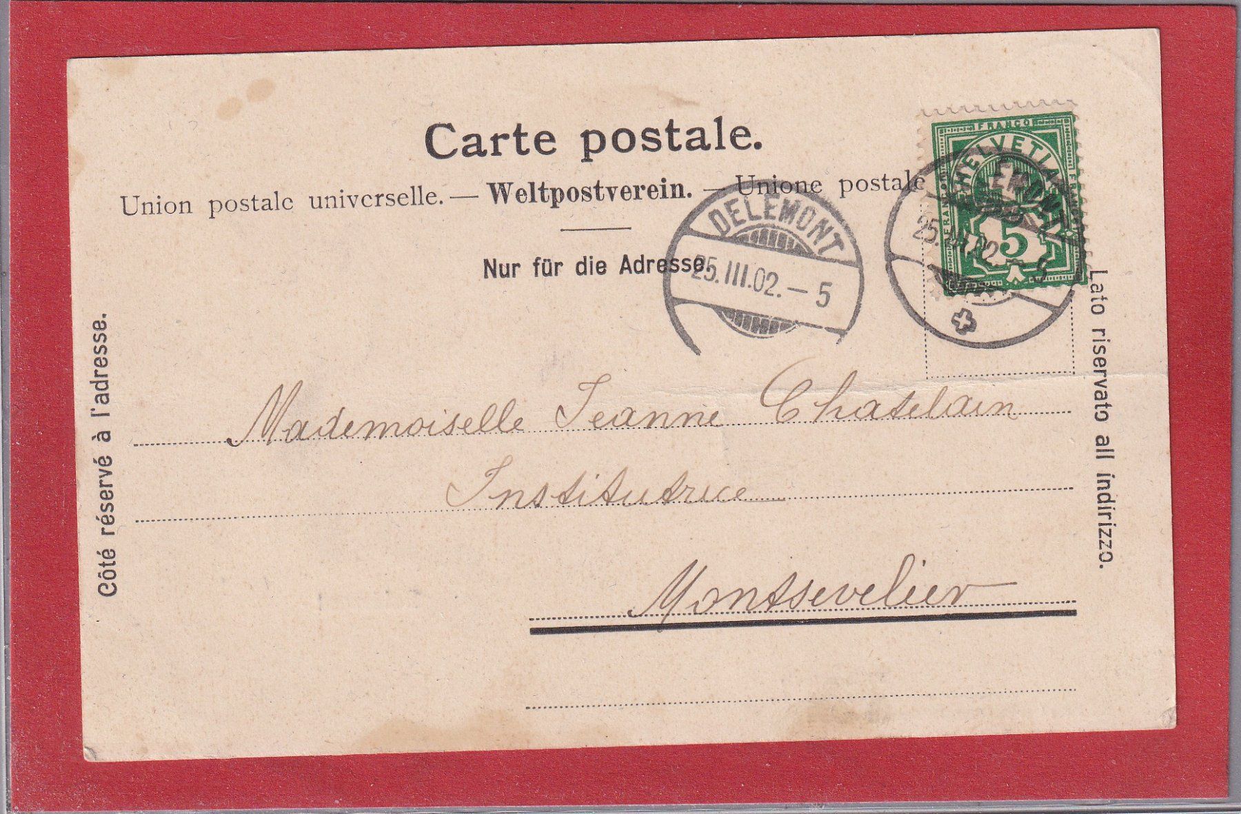 Cartoline postali: Delémont - 2 images - 1902 – Usato da Orvin venduto da Pyaeschli 1