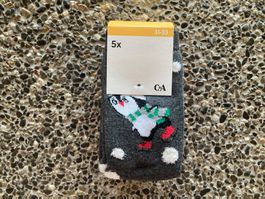 5 Paar Socken Wintermotiv Pinguin Schneeflocke, Gr. 31 - 33