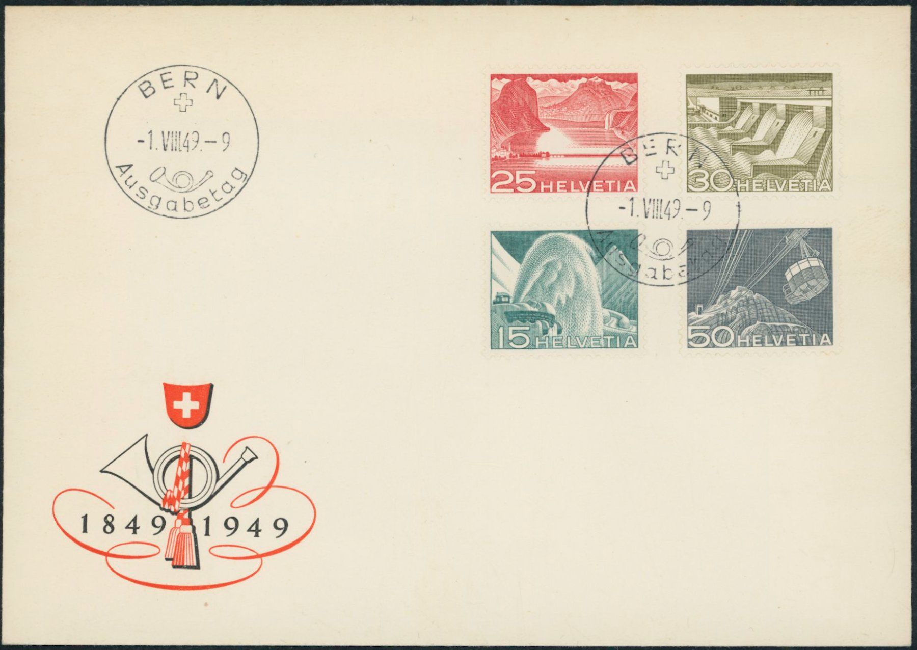Tutti i francobolli: 1949 - Technik + Landschaft - FDC ET - deutsch • dt – Usato da Schindellegi venduto da leecollect