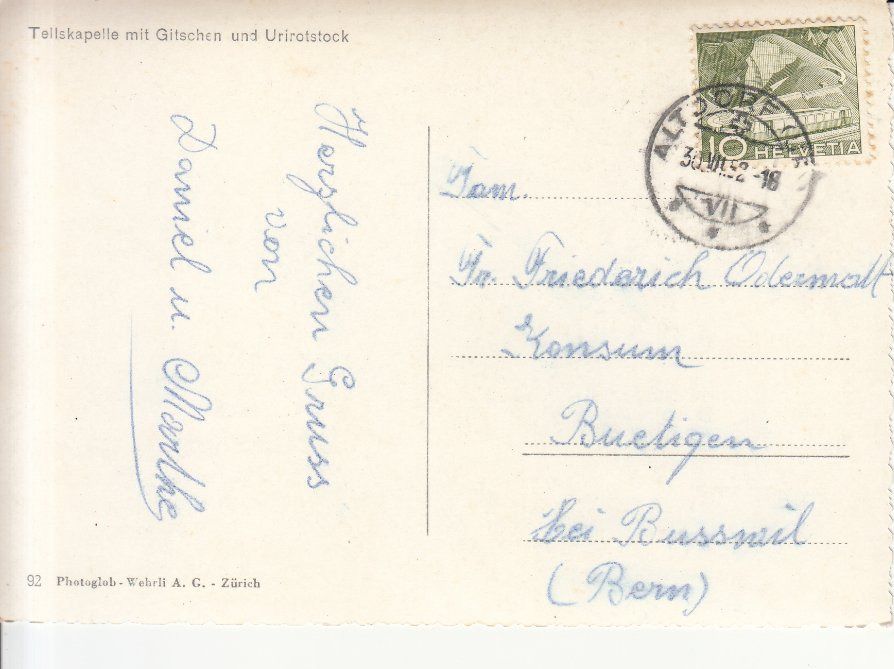 Ansichtskarten: Tellskapelle coloriert 1952 – Gebraucht aus Bürglen TG von StampGraf 1