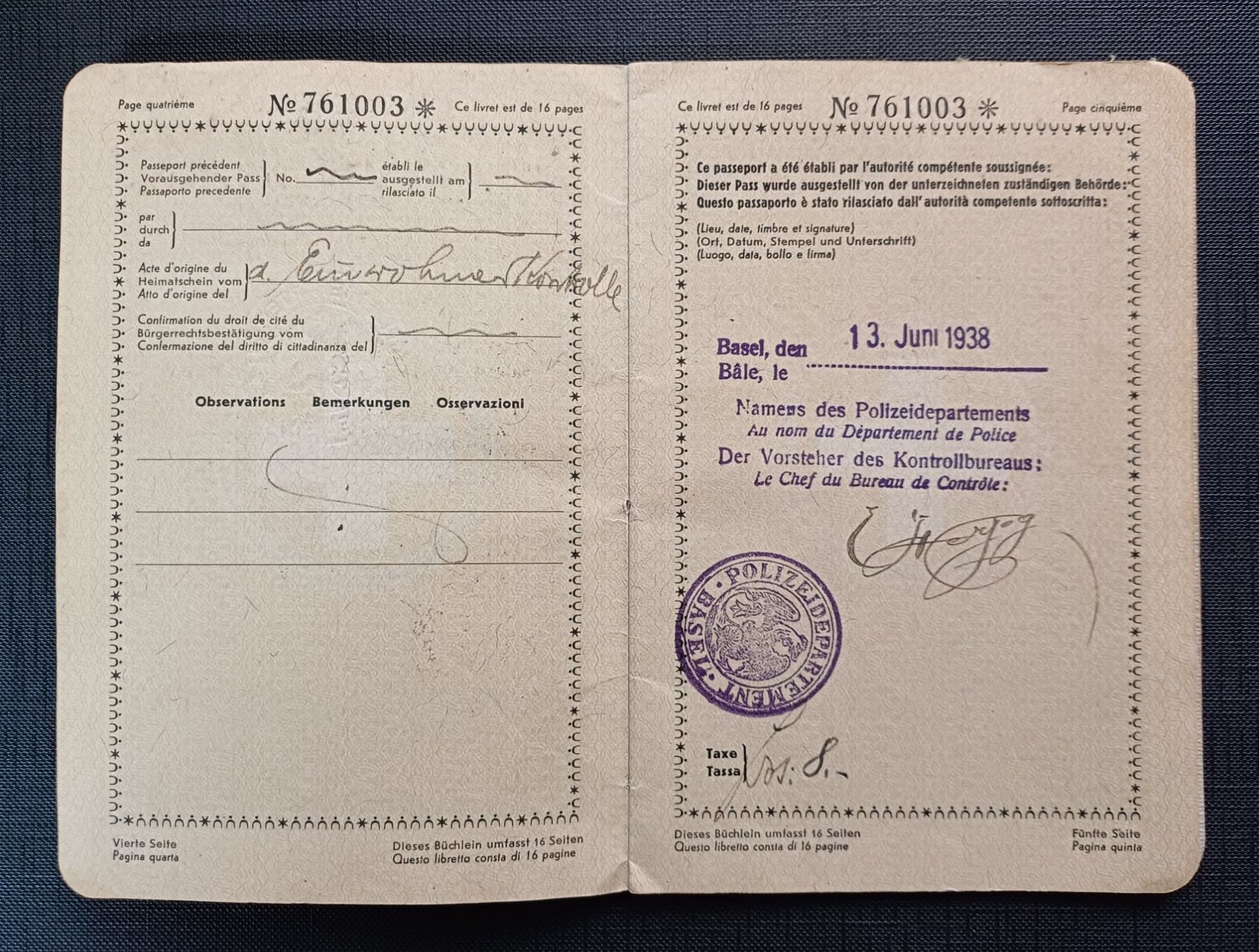 Documents: Antiker SCHWEIZER PASS 1938 – D'occasion à Brittnau par  3