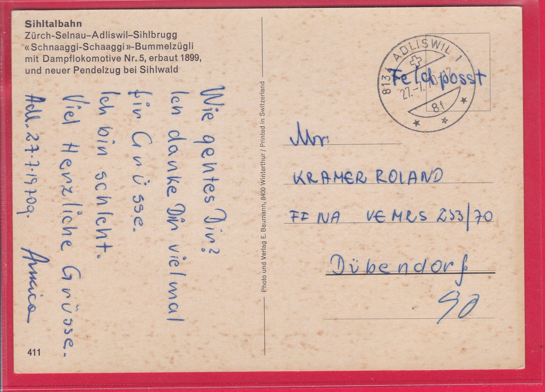 Cartoline postali: SIHLTALBAHN, PENDELZUG,SCHNAAGGI-SCHAAGGI, FELDPOST, 27.7.70 – Usato da Oberrieden venduto da Gebirgsstelze 1